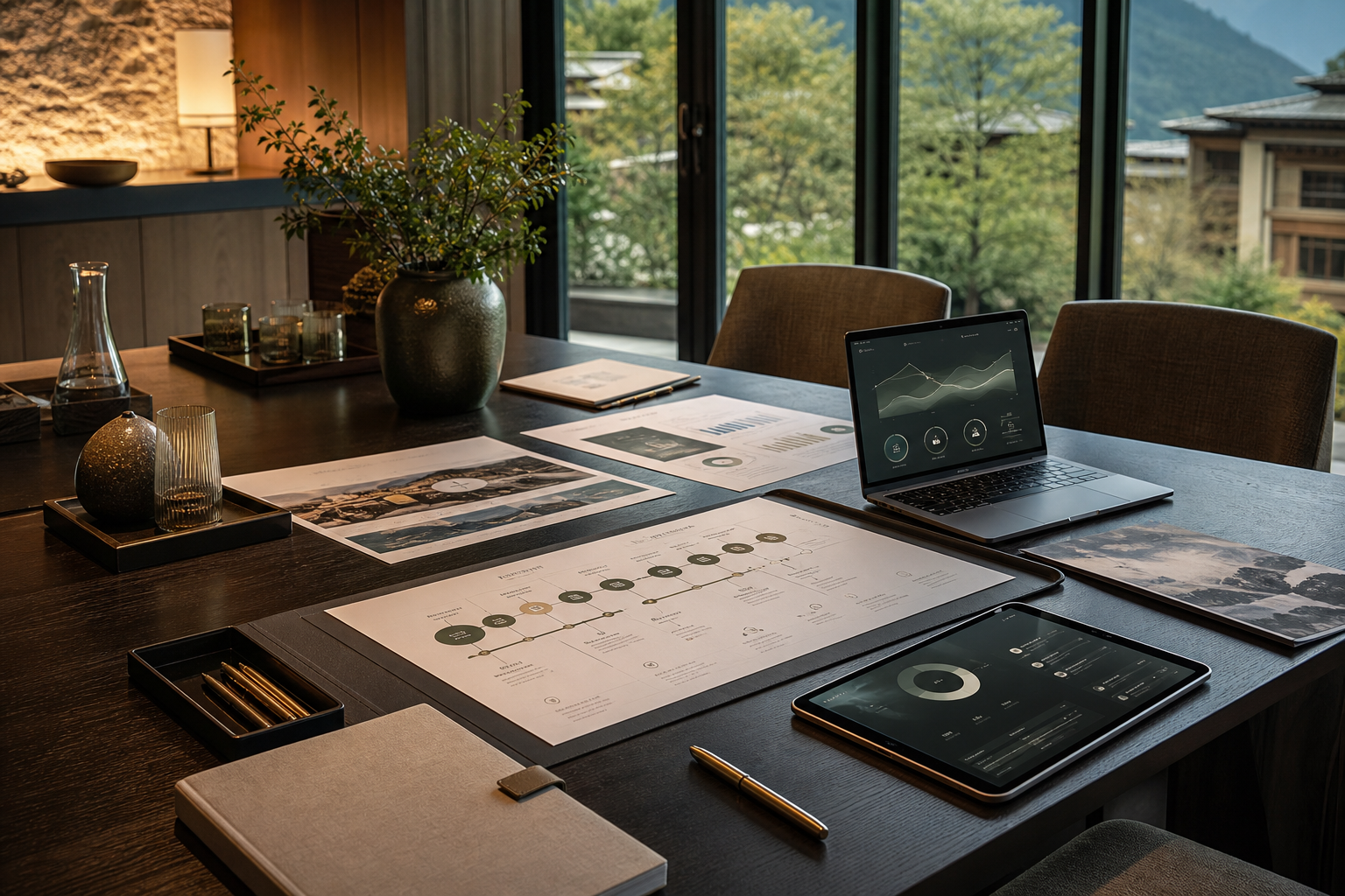 Strategy table with premium AI planning materials
